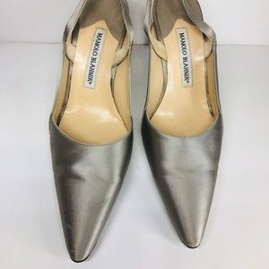 Manolo Blahnik silver satin stilettos